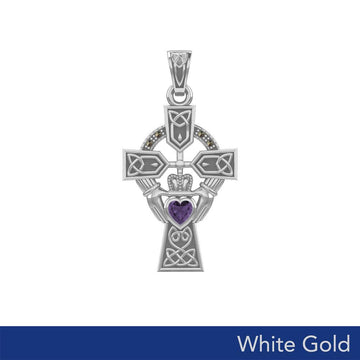 Celtic Cross and Irish Claddagh White Gold Pendant with Heart Gemstone WPD5340 - Jewelry